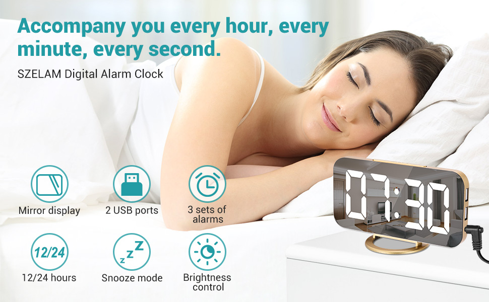 Digital Alarm Clock,LED and Mirror Desk Clock Large Display,with Dual USB Charger Ports,

