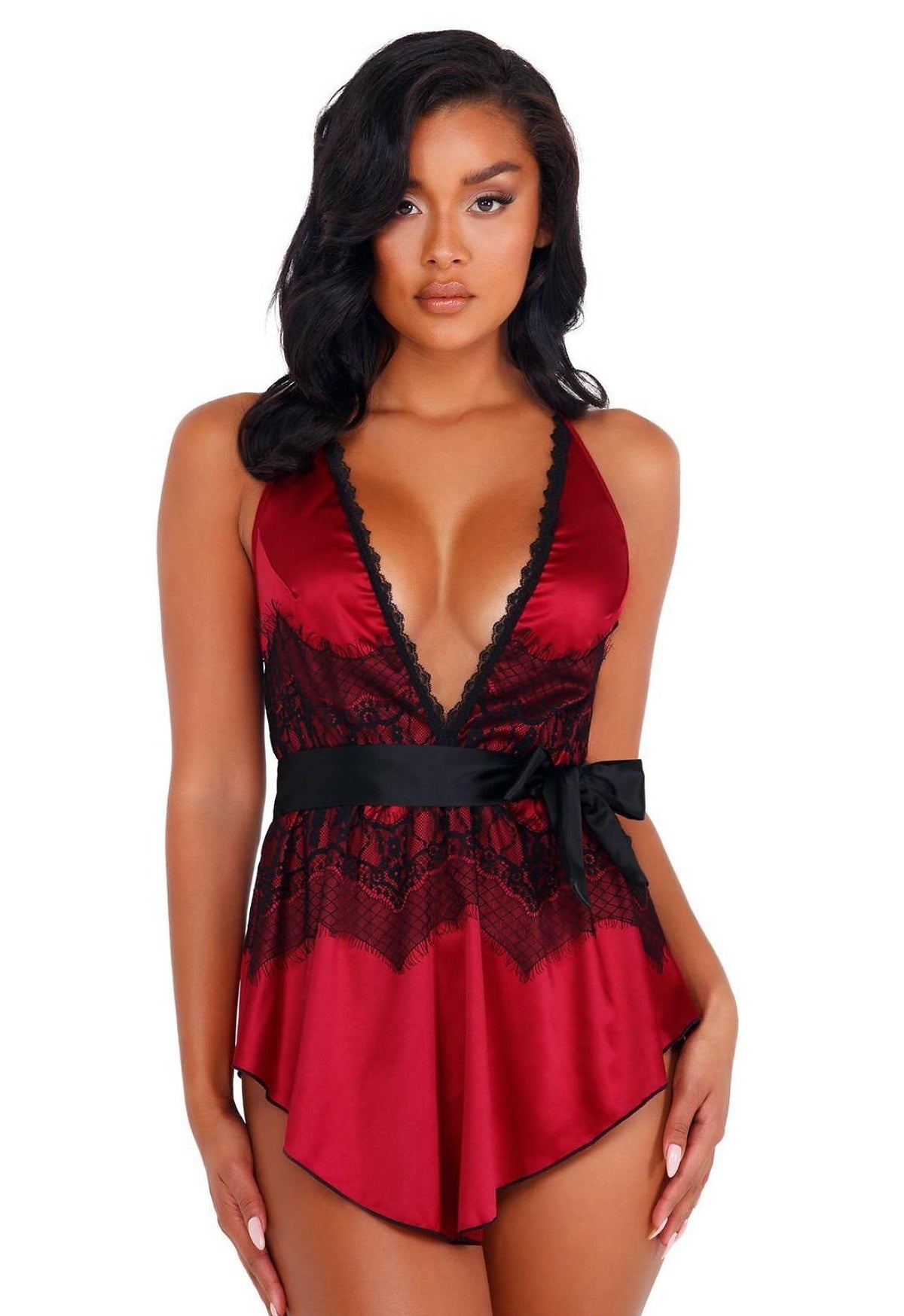 Cherry flock sheer babydoll and thong, Neon Pink