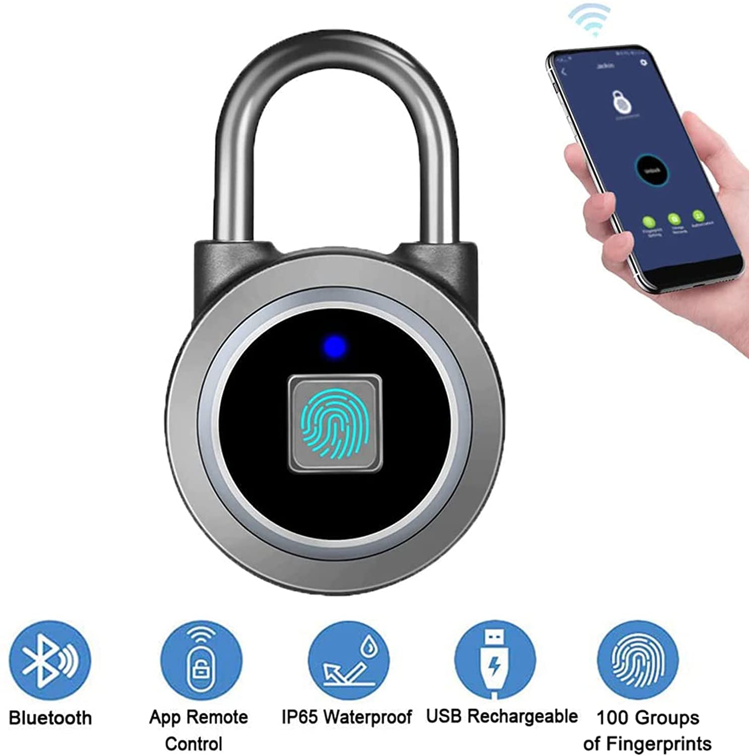 Fingerprint Padlock, Bluetooth Lock, Mobile APP, MEGAFEIS Smart Padlock with Keyless Biometric, Water Resistant, Suitable for Gym, Sports, Bike, School, Locker and Storage