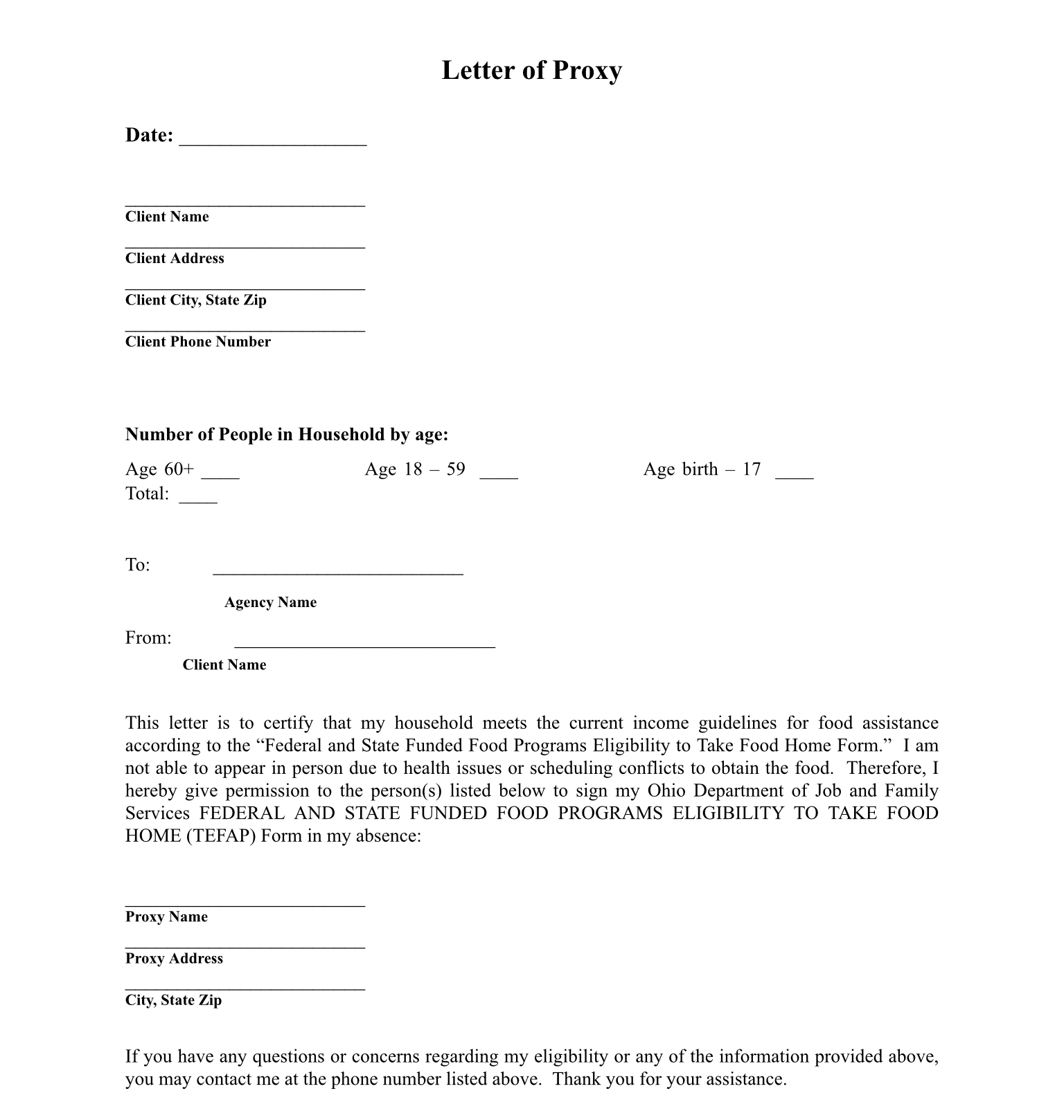 Proxy Form: to pickup for someone who is unable
