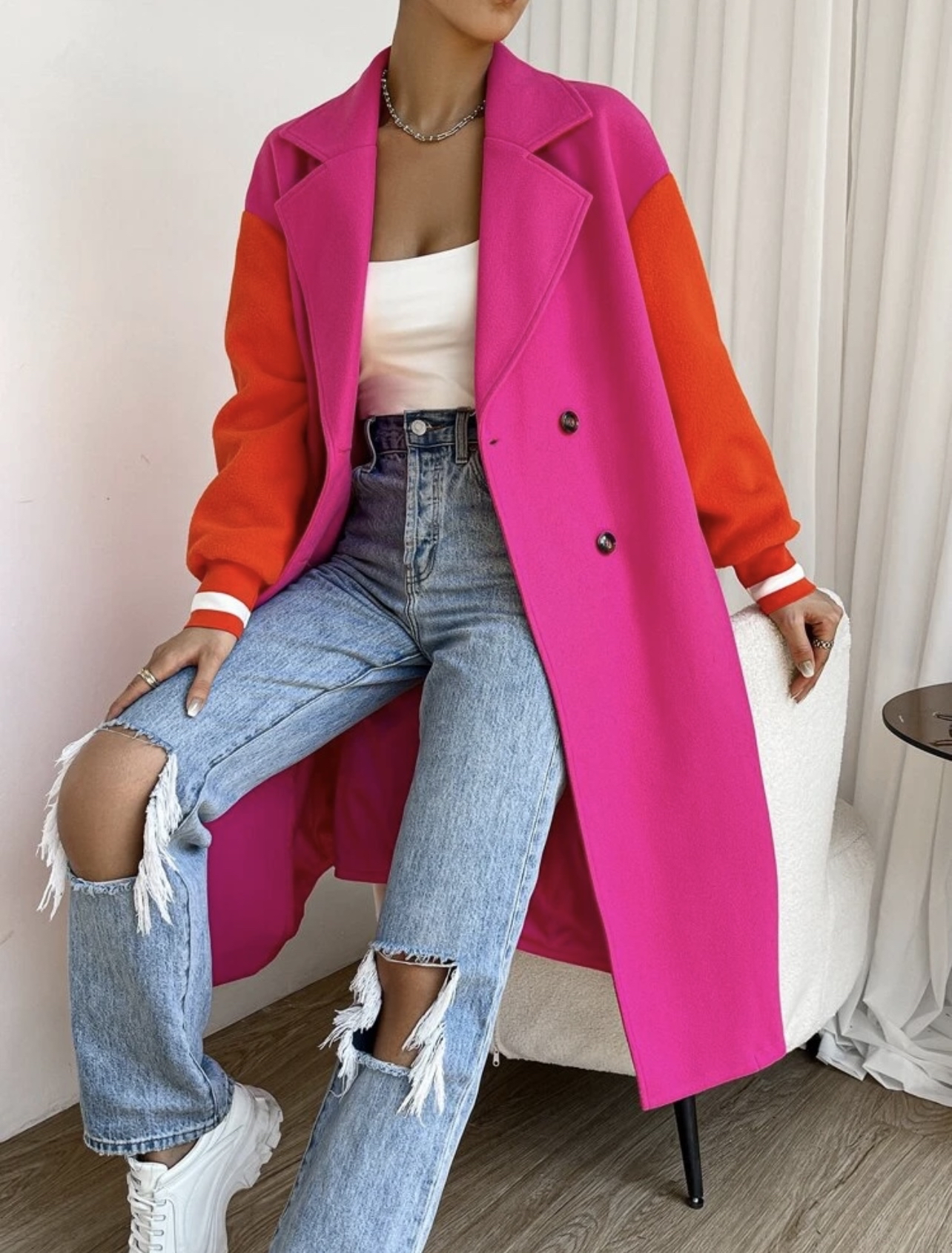 Pink & aprange Colorblock Drop Shoulder Double Breasted Overcoat